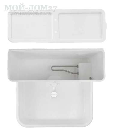 Умывальник с пластиковой тумбой с подогревом | Мой-Дом27 | Объем бака – 22 литра с нагревателем мощностью 1,25 кВт <br>
 Материал умывальника – пластик<br>
 Мойка – пластик белого цвета<br>
 Кран – пластик<br>
Поставляется в разобранном виде